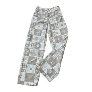 Smiley X H&M Denim Pants Women Size 2 High Rise Wide Leg Beige All Over Print